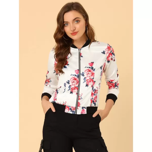 Allegra K Women's Stand Collar Zip Up Floral Print Bomber Jacket