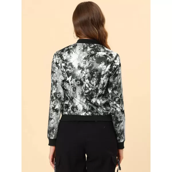 Allegra K Women's Stand Collar Zip Up Floral Print Bomber Jacket