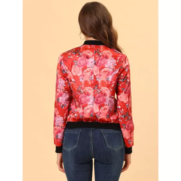 Allegra K Women's Stand Collar Zip Up Floral Print Bomber Jacket