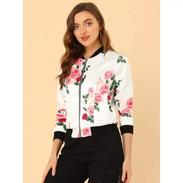 Allegra K Women's Stand Collar Zip Up Floral Print Bomber Jacket