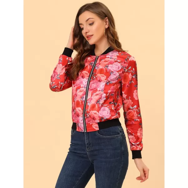 Allegra K Women's Stand Collar Zip Up Floral Print Bomber Jacket