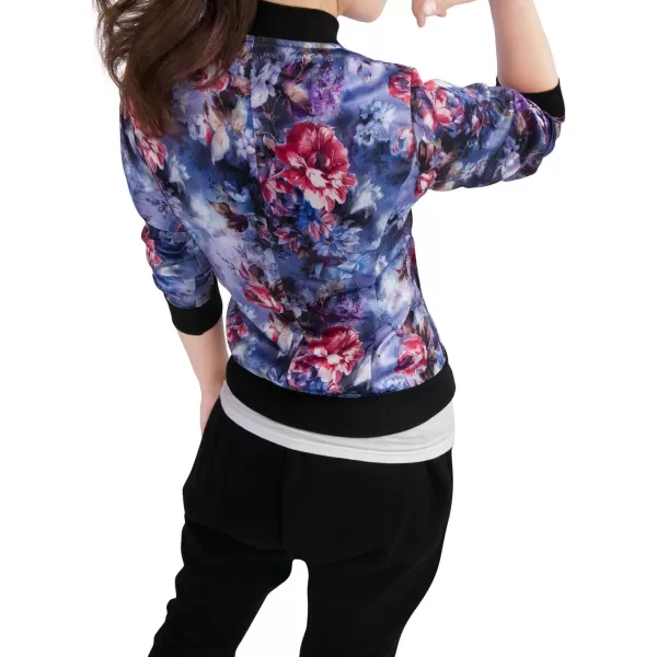 Allegra K Women's Stand Collar Zip Up Floral Print Bomber Jacket