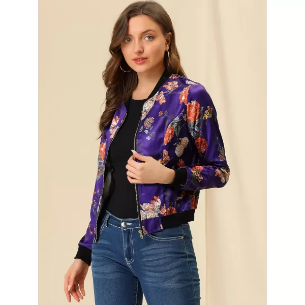 Allegra K Women's Stand Collar Zip Up Floral Print Bomber Jacket