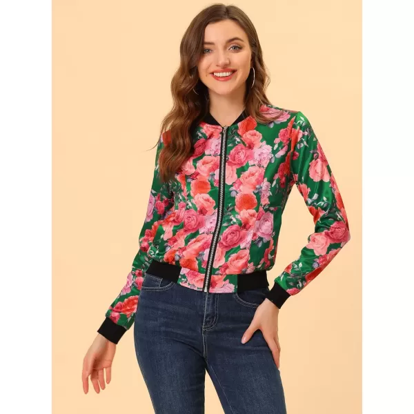 Allegra K Women's Stand Collar Zip Up Floral Print Bomber Jacket