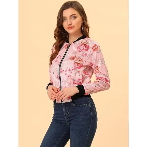 Allegra K Women's Stand Collar Zip Up Floral Print Bomber Jacket