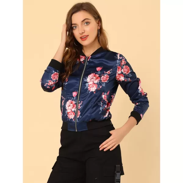 Allegra K Women's Stand Collar Zip Up Floral Print Bomber Jacket