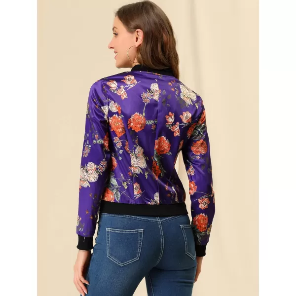 Allegra K Women's Stand Collar Zip Up Floral Print Bomber Jacket