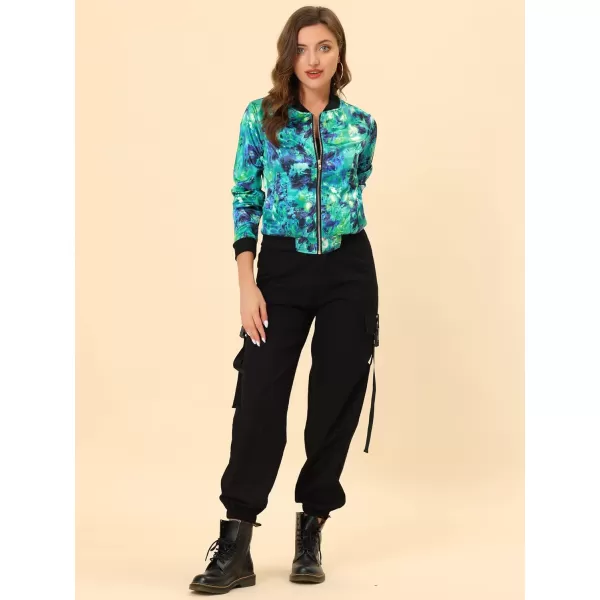 Allegra K Women's Stand Collar Zip Up Floral Print Bomber Jacket