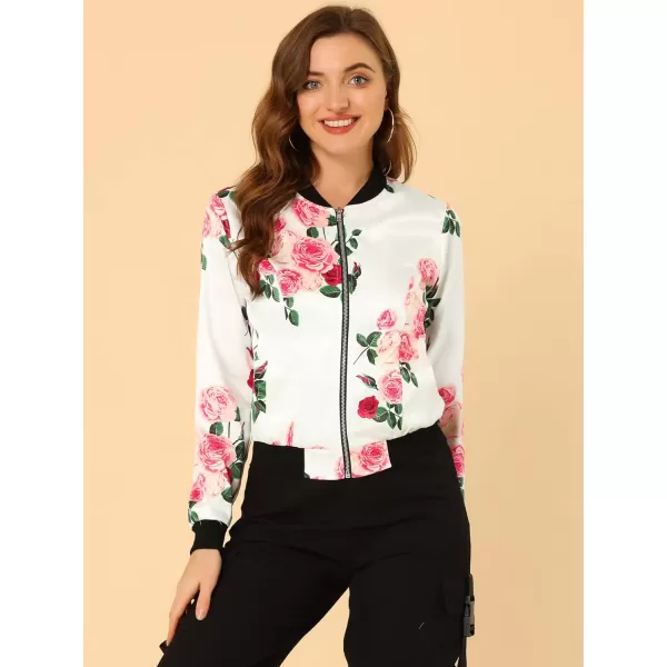 Allegra K Women's Stand Collar Zip Up Floral Print Bomber Jacket