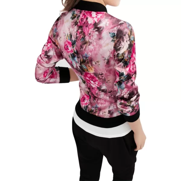 Allegra K Women's Stand Collar Zip Up Floral Print Bomber Jacket