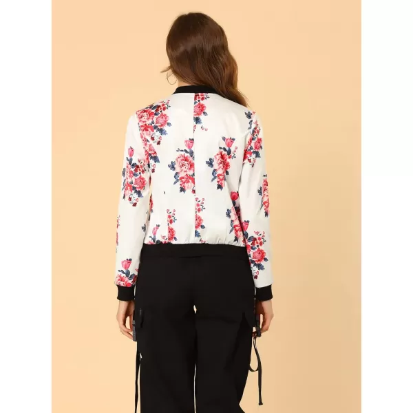 Allegra K Women's Stand Collar Zip Up Floral Print Bomber Jacket