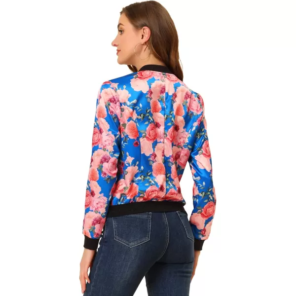 Allegra K Women's Stand Collar Zip Up Floral Print Bomber Jacket