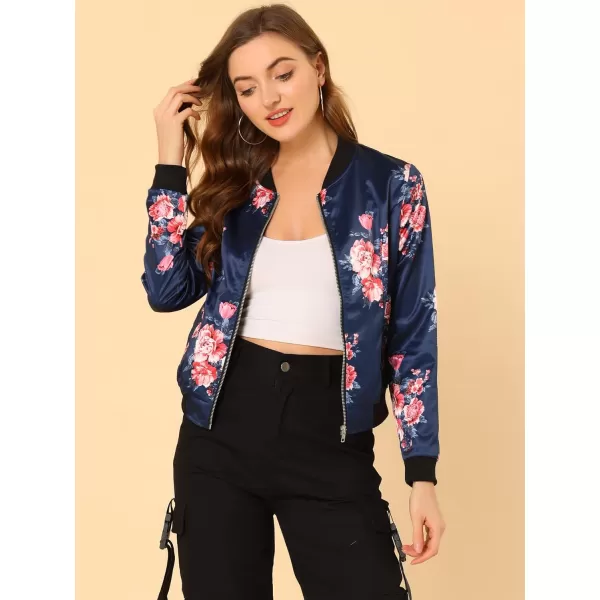 Allegra K Women's Stand Collar Zip Up Floral Print Bomber Jacket