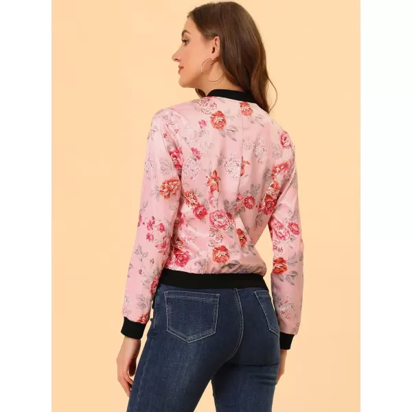 Allegra K Women's Stand Collar Zip Up Floral Print Bomber Jacket