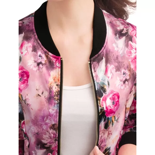 Allegra K Women's Stand Collar Zip Up Floral Print Bomber Jacket