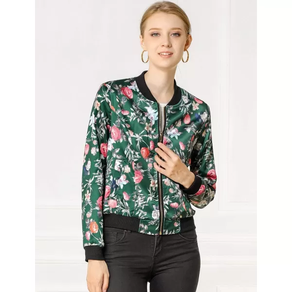 Allegra K Women's Stand Collar Zip Up Floral Print Bomber Jacket