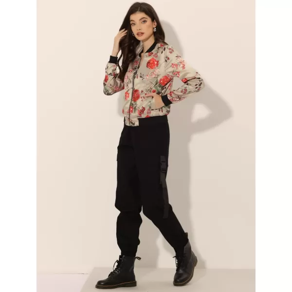 Allegra K Women's Stand Collar Zip Up Floral Print Bomber Jacket