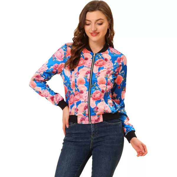 Allegra K Women's Stand Collar Zip Up Floral Print Bomber Jacket