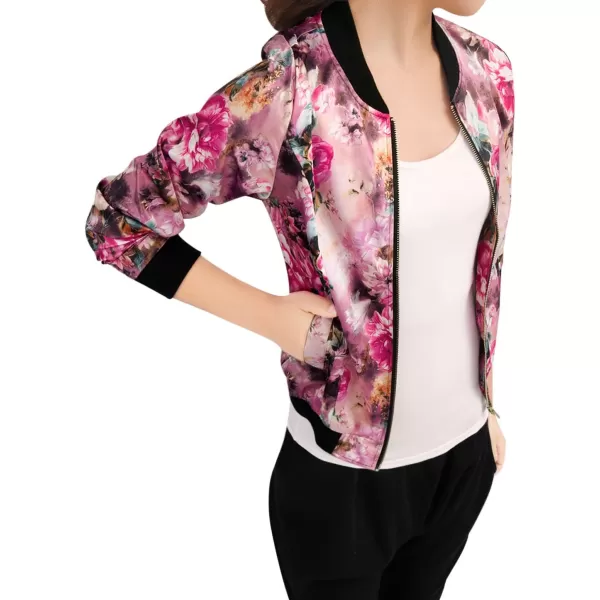 Allegra K Women's Stand Collar Zip Up Floral Print Bomber Jacket