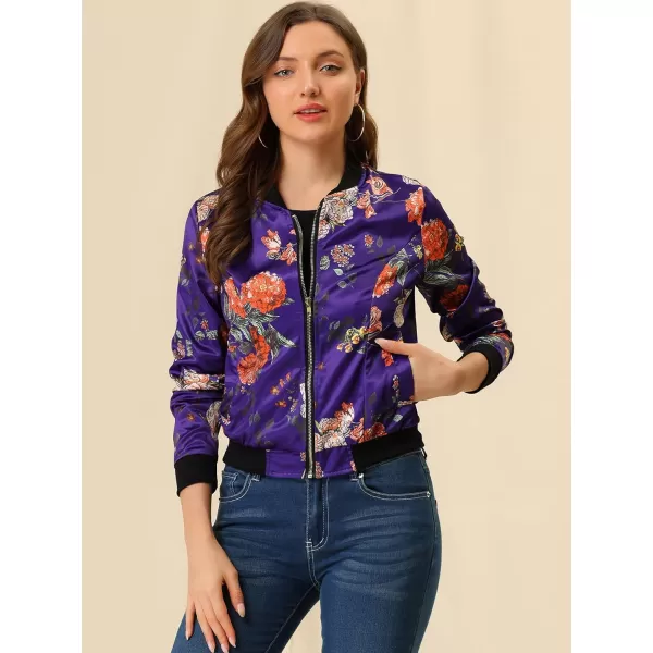 Allegra K Women's Stand Collar Zip Up Floral Print Bomber Jacket