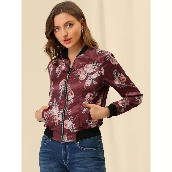 Allegra K Women's Stand Collar Zip Up Floral Print Bomber Jacket