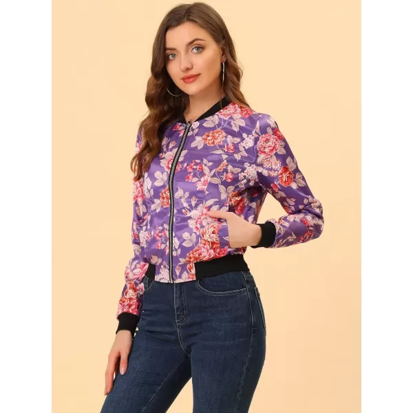 Allegra K Women's Stand Collar Zip Up Floral Print Bomber Jacket