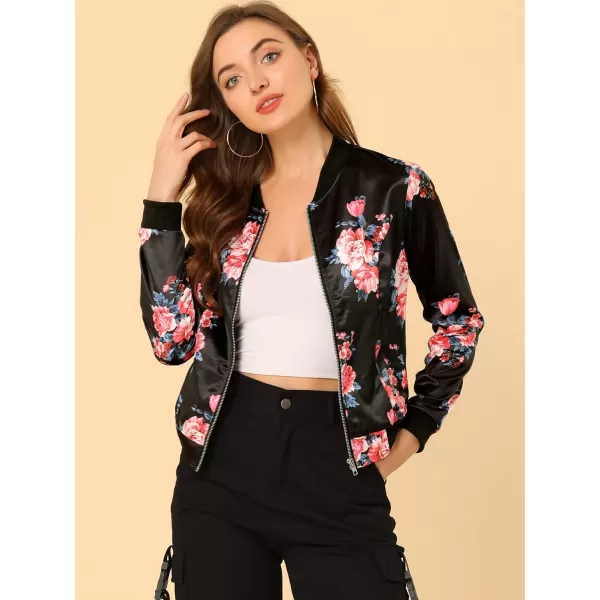 Allegra K Women's Stand Collar Zip Up Floral Print Bomber Jacket