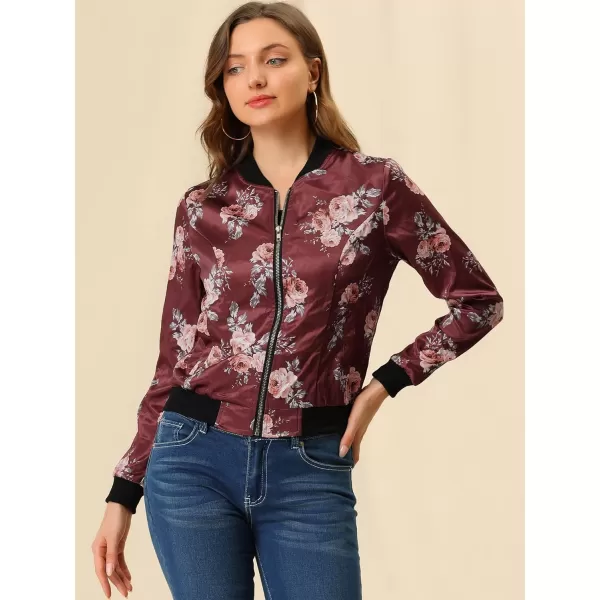 Allegra K Women's Stand Collar Zip Up Floral Print Bomber Jacket