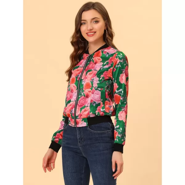 Allegra K Women's Stand Collar Zip Up Floral Print Bomber Jacket