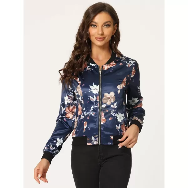 Allegra K Women's Stand Collar Zip Up Floral Print Bomber Jacket