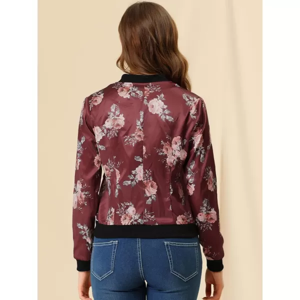 Allegra K Women's Stand Collar Zip Up Floral Print Bomber Jacket