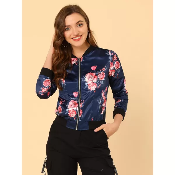 Allegra K Women's Stand Collar Zip Up Floral Print Bomber Jacket