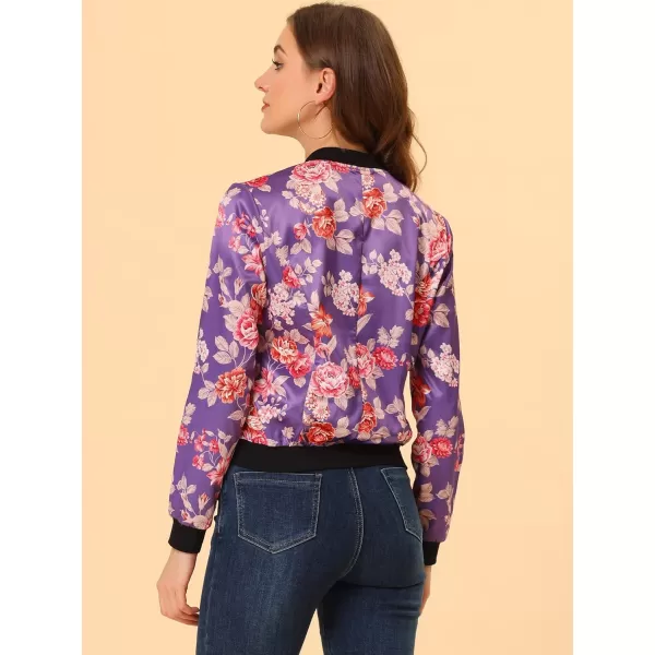 Allegra K Women's Stand Collar Zip Up Floral Print Bomber Jacket