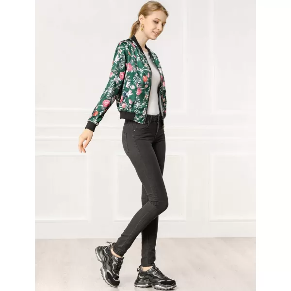 Allegra K Women's Stand Collar Zip Up Floral Print Bomber Jacket