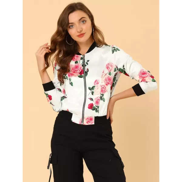 Allegra K Women's Stand Collar Zip Up Floral Print Bomber Jacket