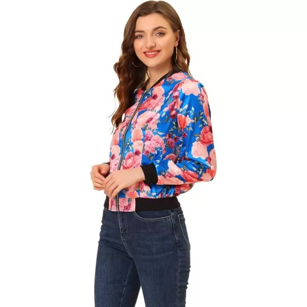 Allegra K Women's Stand Collar Zip Up Floral Print Bomber Jacket