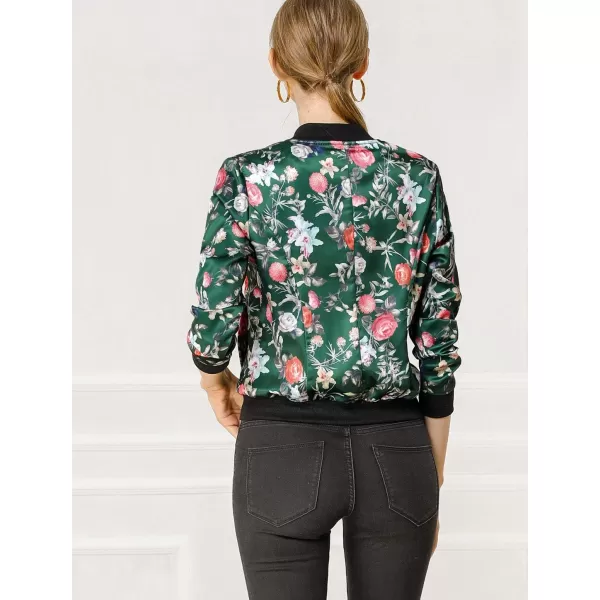 Allegra K Women's Stand Collar Zip Up Floral Print Bomber Jacket