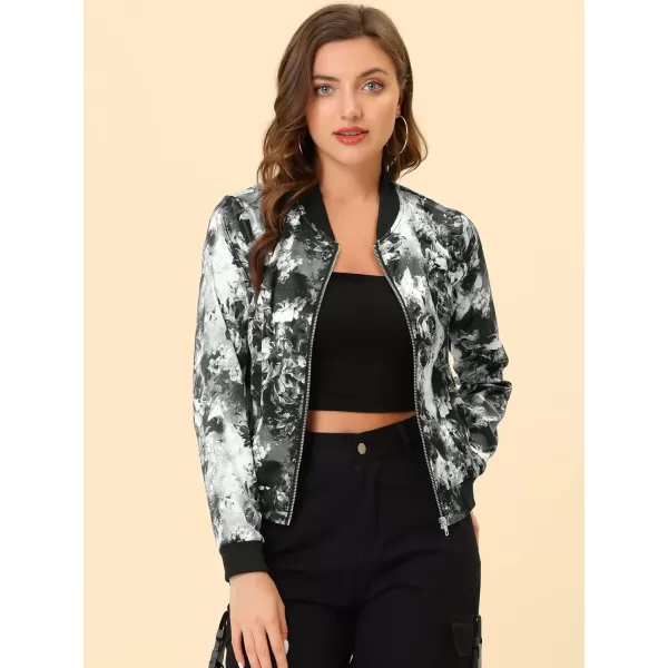 Allegra K Women's Stand Collar Zip Up Floral Print Bomber Jacket