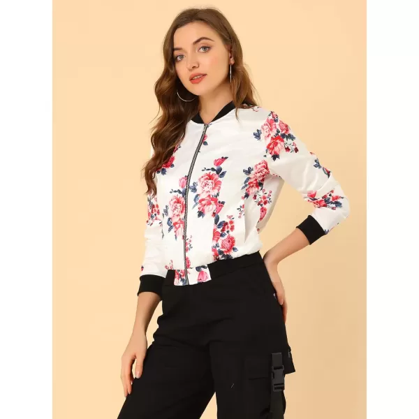 Allegra K Women's Stand Collar Zip Up Floral Print Bomber Jacket