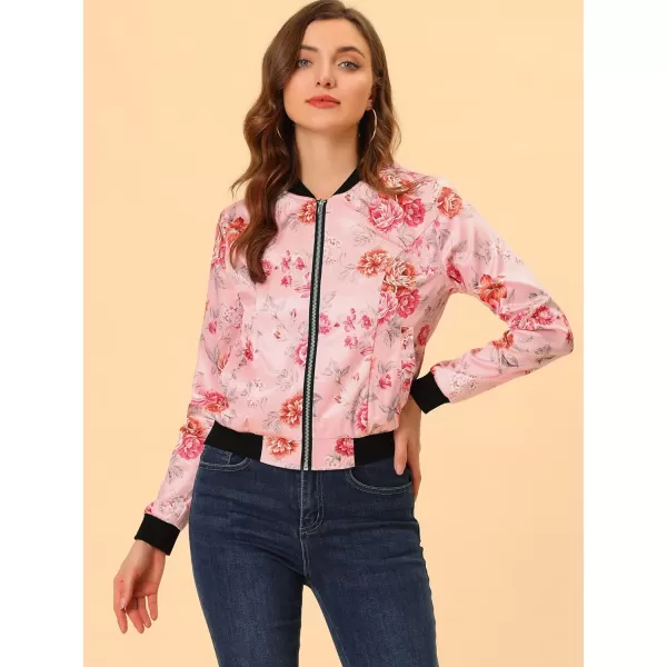 Allegra K Women's Stand Collar Zip Up Floral Print Bomber Jacket