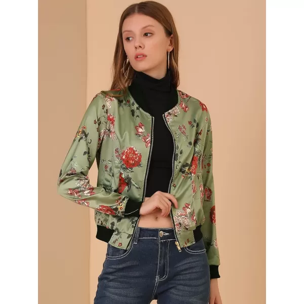 Allegra K Women's Stand Collar Zip Up Floral Print Bomber Jacket