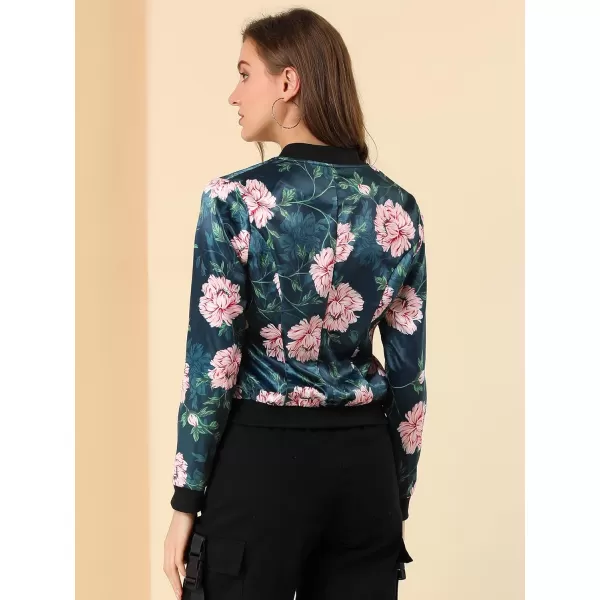 Allegra K Women's Stand Collar Zip Up Floral Print Bomber Jacket