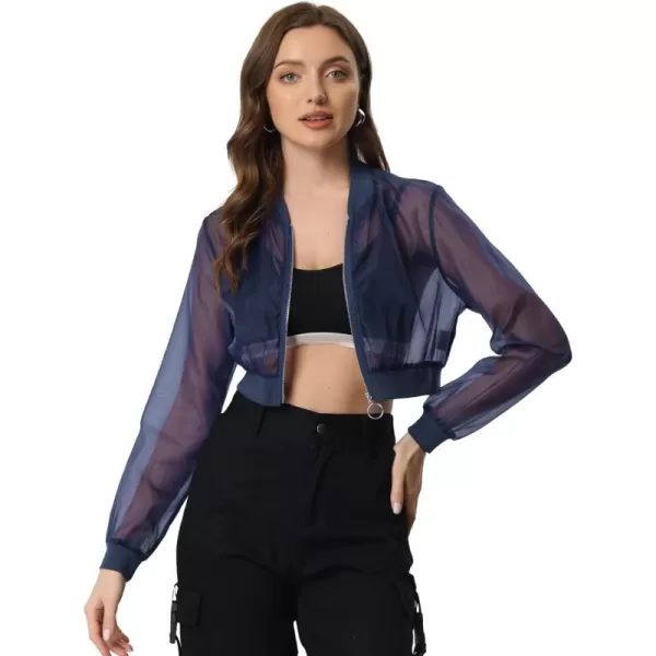 Allegra K Bomber Jacket for Women's Long Sleeve Crop Mesh Sheer Jackets