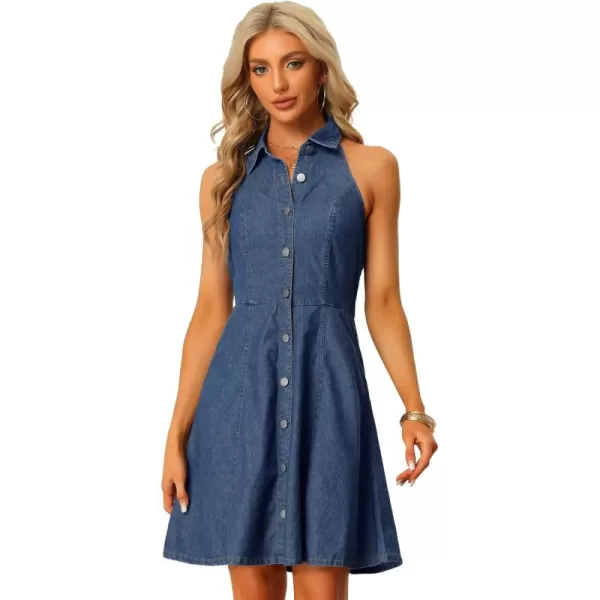 Allegra K Denim Dresses for Women's Halter Neck Button Down Shirt Dress