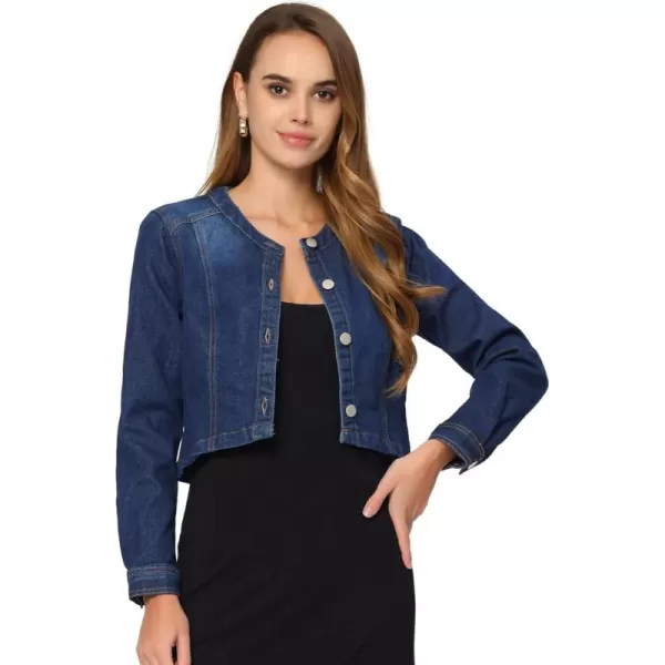 Allegra K Denim Jacket for Women's Collarless Button Down Crop Jean Jackets