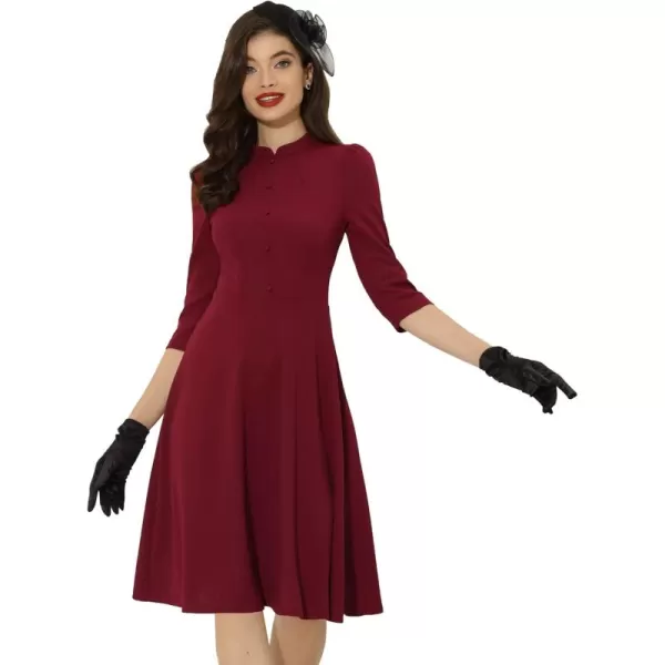 Allegra K Vintage Dresses for Women's 3/4 Sleeves Stand Collar Office Work Elegant A-Line Dress