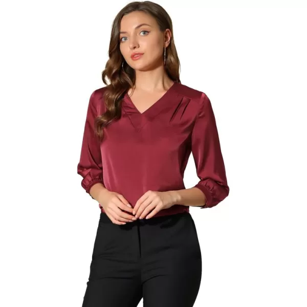 Allegra K Women's Casual Dressy Office Blouses 3/4 Sleeve V Neck Satin Shirt