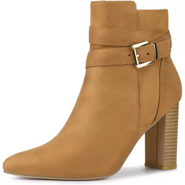 Allegra K Women's Pointed Toe Buckle Decor Chunky Heel Ankle Boots