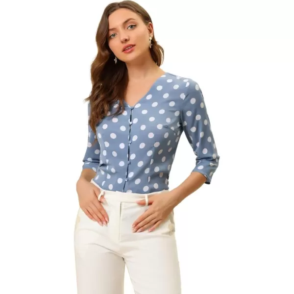 Allegra K Women's Polka Dots 3/4 Sleeve Button Front Vintage Office Blouse Top