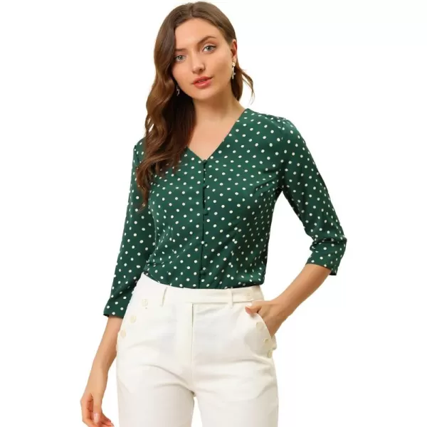 Allegra K Women's Polka Dots 3/4 Sleeve Button Front Vintage Office Blouse Top